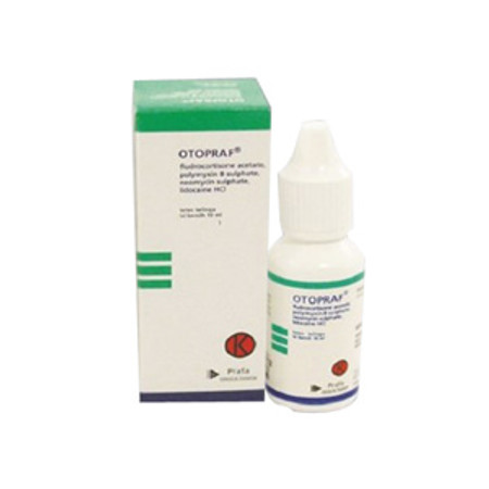 Otopraf (Polymyxin B sulfate, Neomycin, Fludrocortisone, Lidocaine HCl) Tetes Telinga 10 mL
